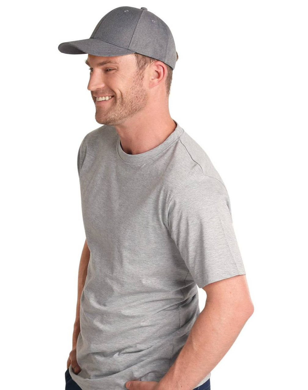 A grey cap with a curved brim, modeled by a smiling man wearing a grey t-shirt. The cap features a logo.