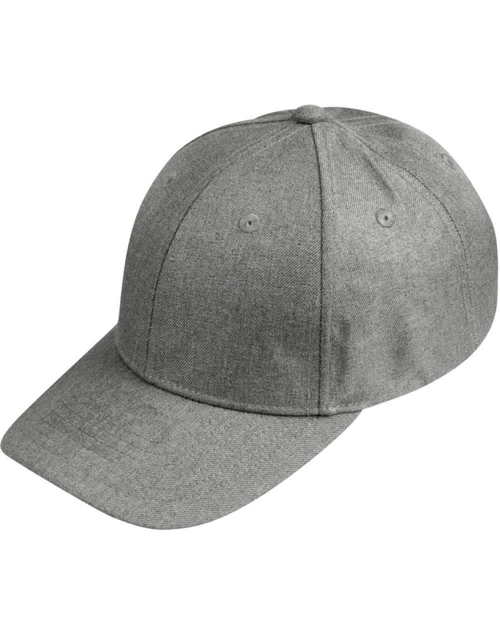 A grey Heather Cap with a curved brim and a logo on the front, featuring a classic structured design.