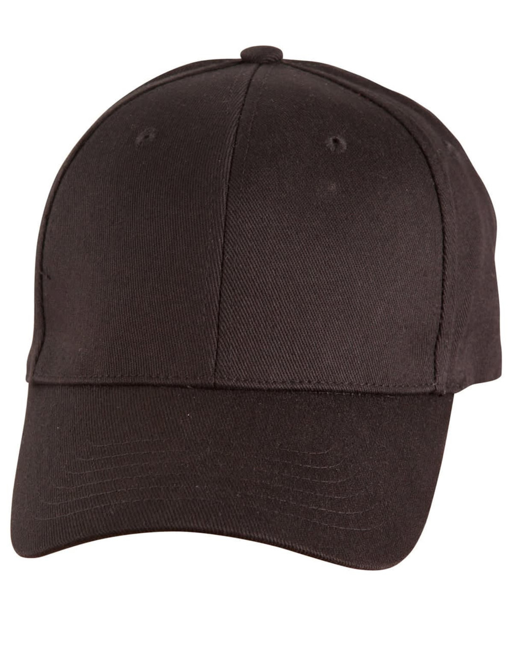 A black cotton fitted cap with a curved brim, featuring a logo on the front.