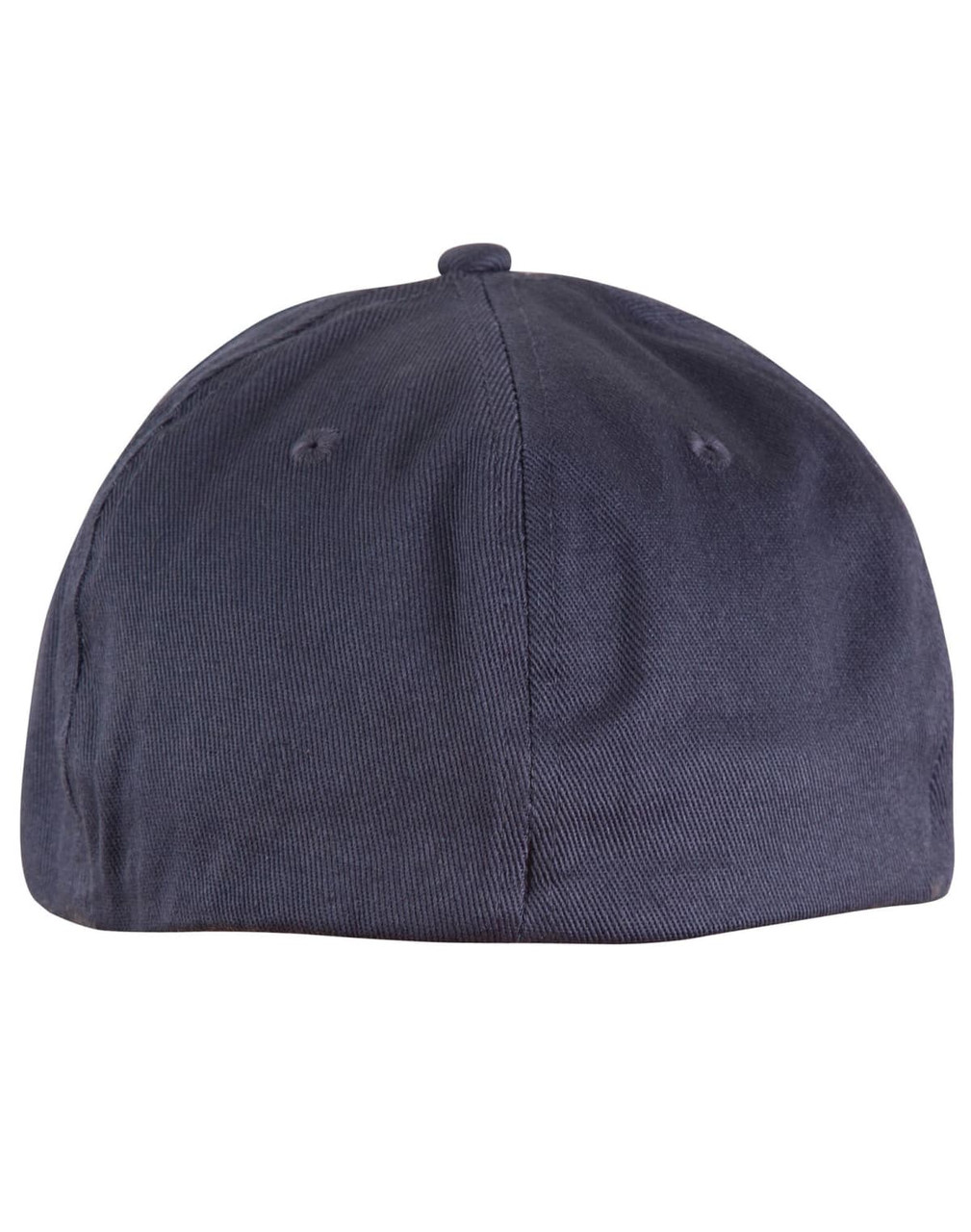 A navy cotton fitted cap featuring a rounded design and a logo on the side.