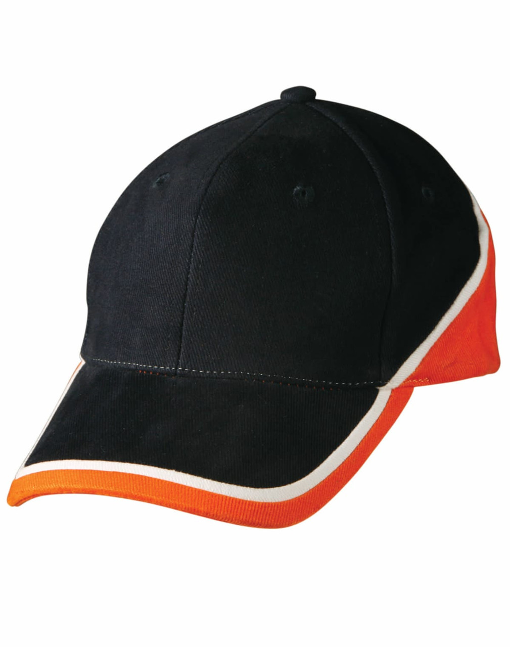 A cap featuring a black body with contrasting orange and white details. Includes a logo.