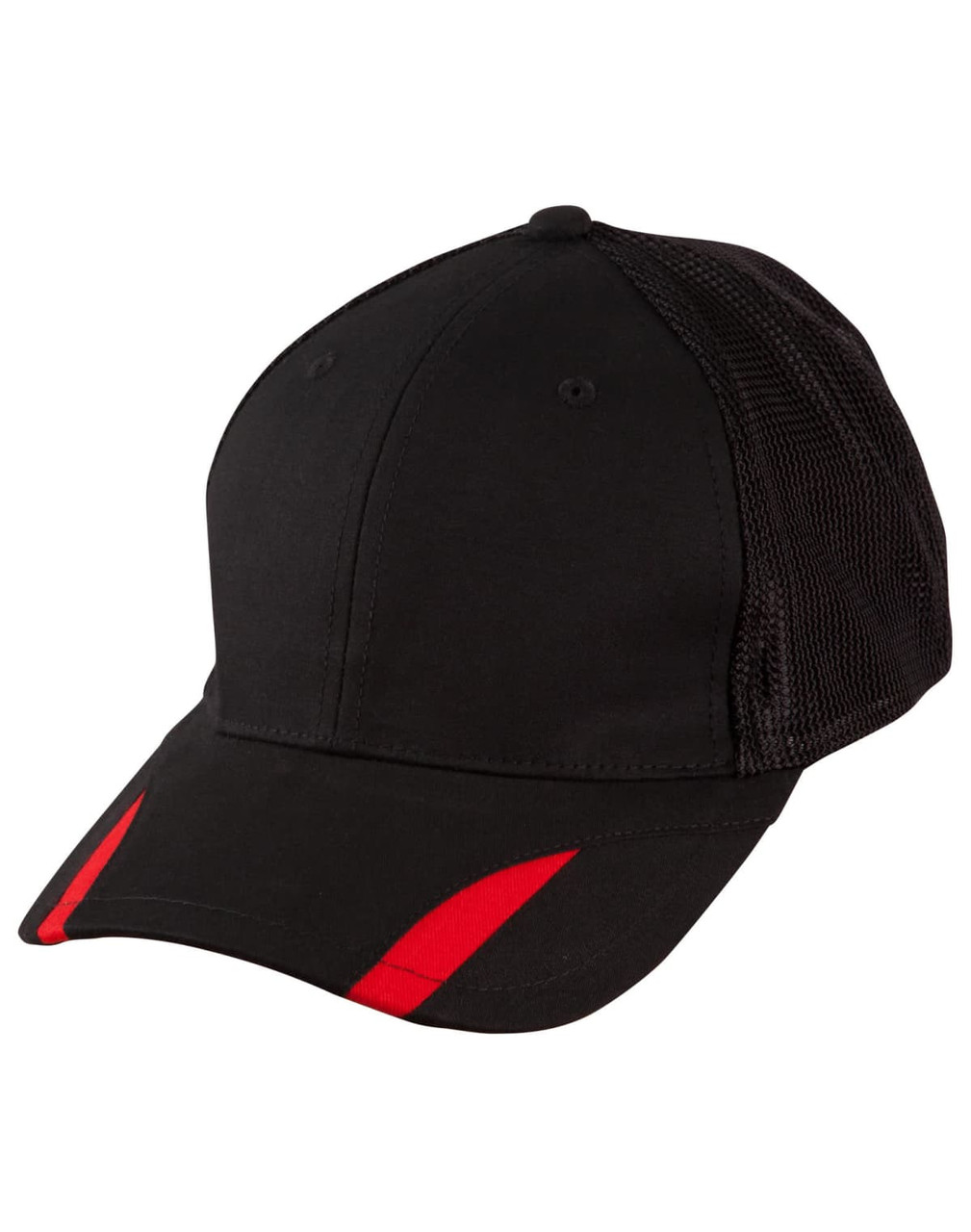 A black cap with red accents and a mesh back, featuring a structured brim and ventilation holes.