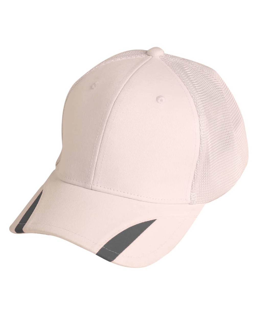A beige cap with a mesh back and contrasting grey trim. It features a logo on the front.