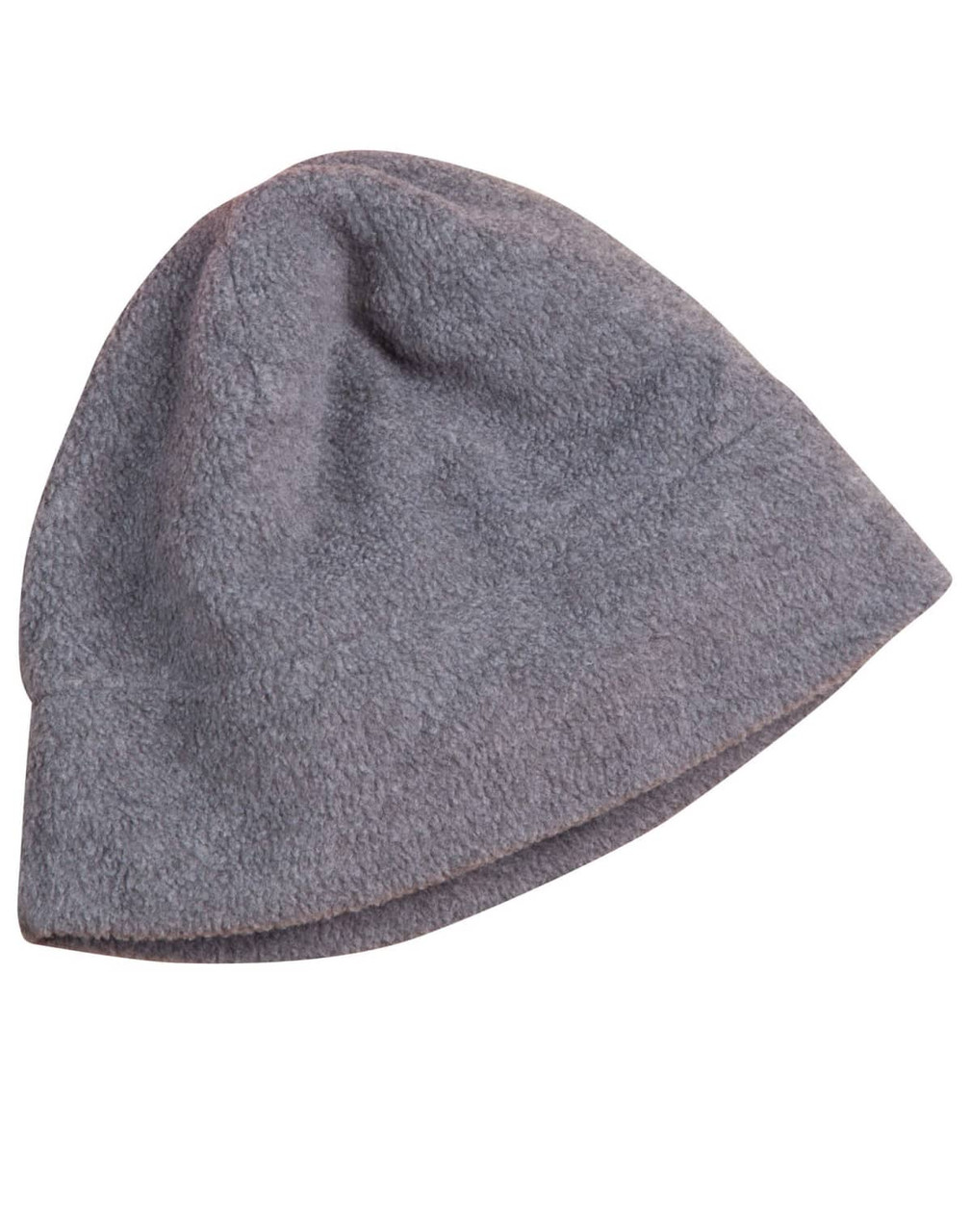 A grey beanie made from fleece material, featuring a soft texture and simple design.