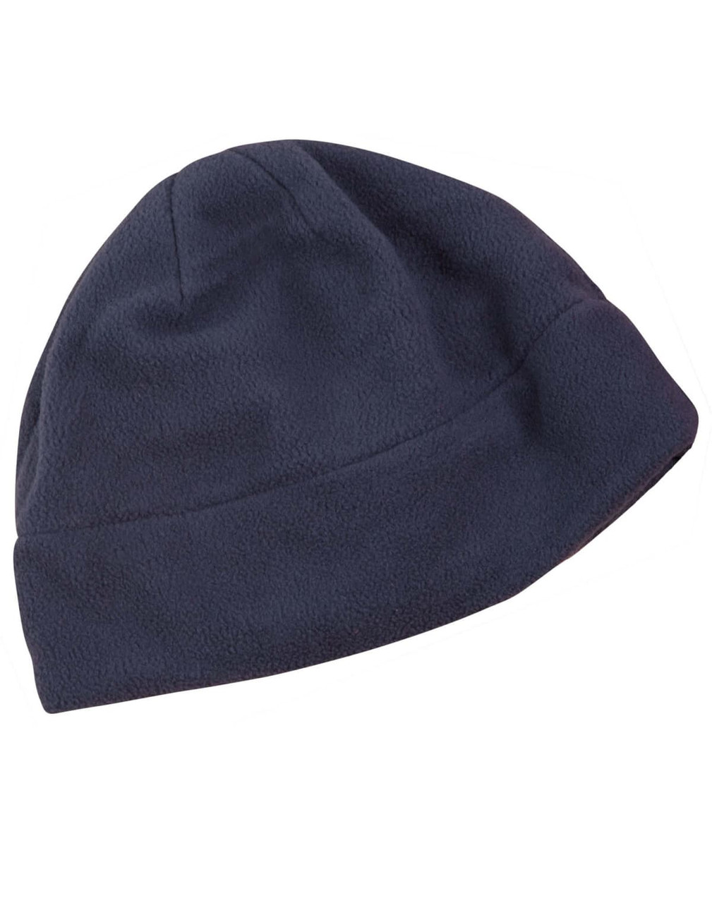 A navy blue beanie made of soft fleece material, featuring a simple design and a visible logo.