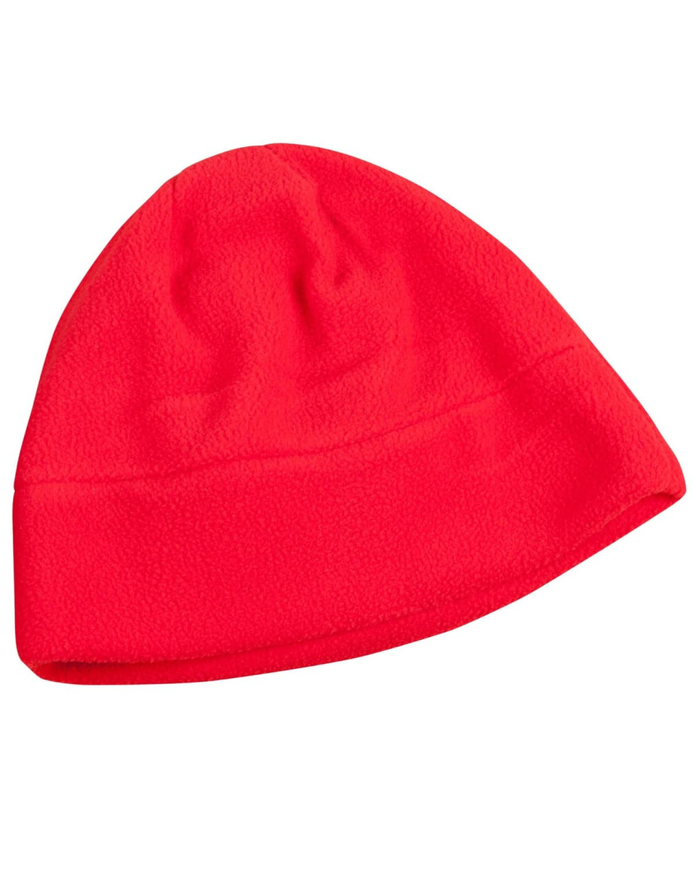 A red fleece beanie with a snug fit and a simple design. It features a branding logo.