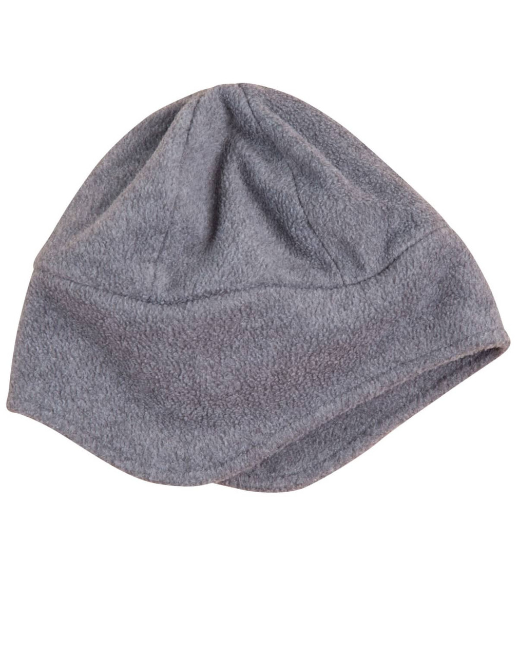 A grey polar fleece beanie with ear cover design, featuring a simple, unadorned style and no visible branding.