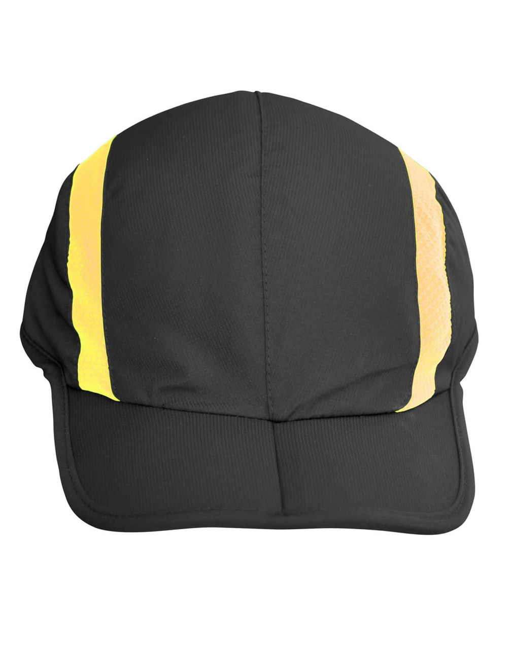A black foldable cap with reflective yellow stripes, featuring a logo on the front.