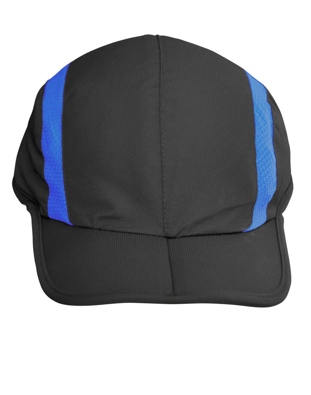 A foldable cap in black with blue stripes, featuring a logo on the front.