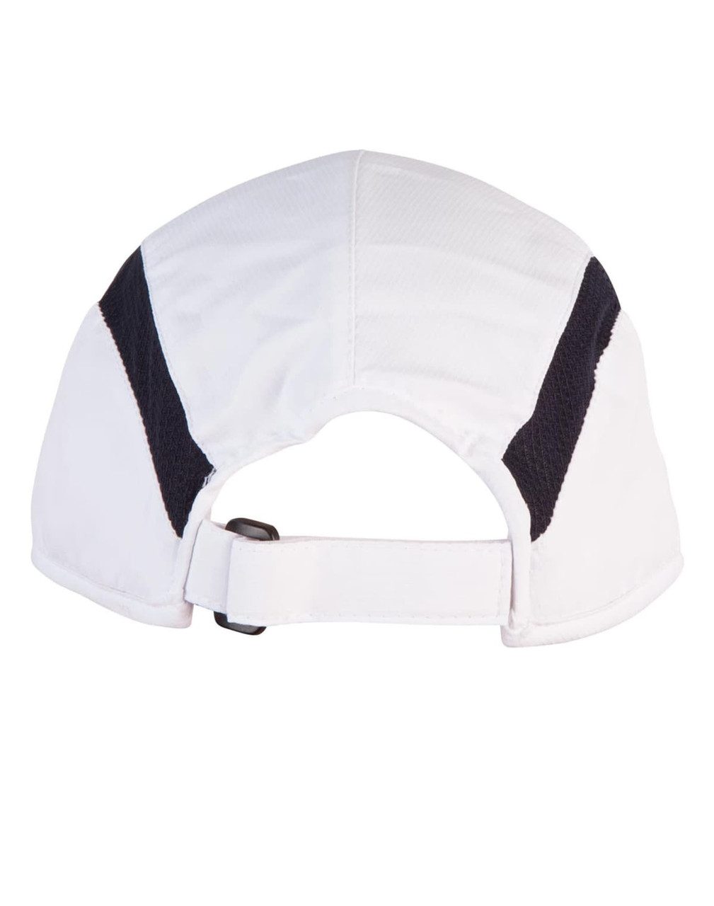 A white foldable cap featuring black accent panels and an adjustable strap at the back. Includes a logo.