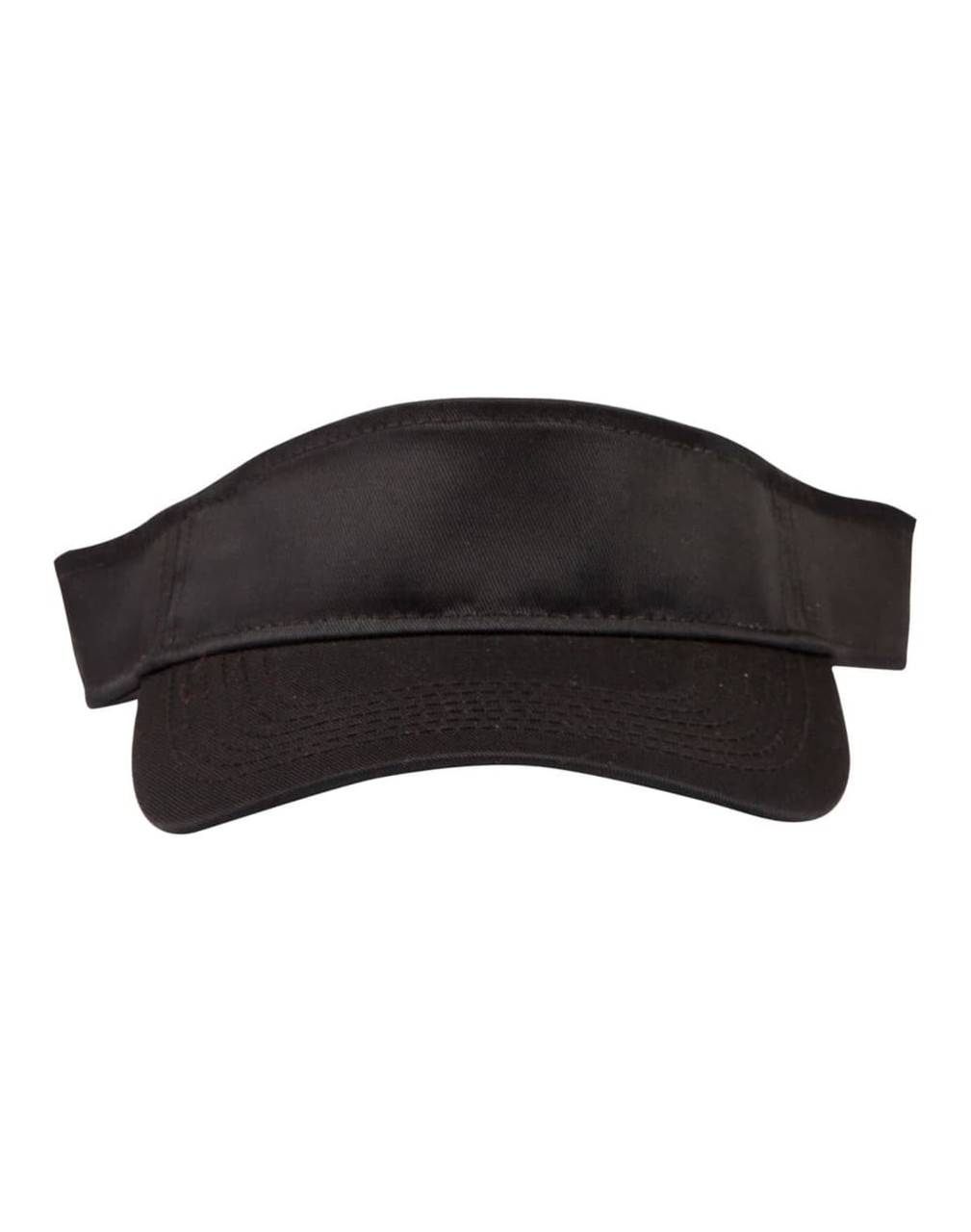 A black sandwich visor with a wide brim and adjustable strap, featuring a logo on the front.