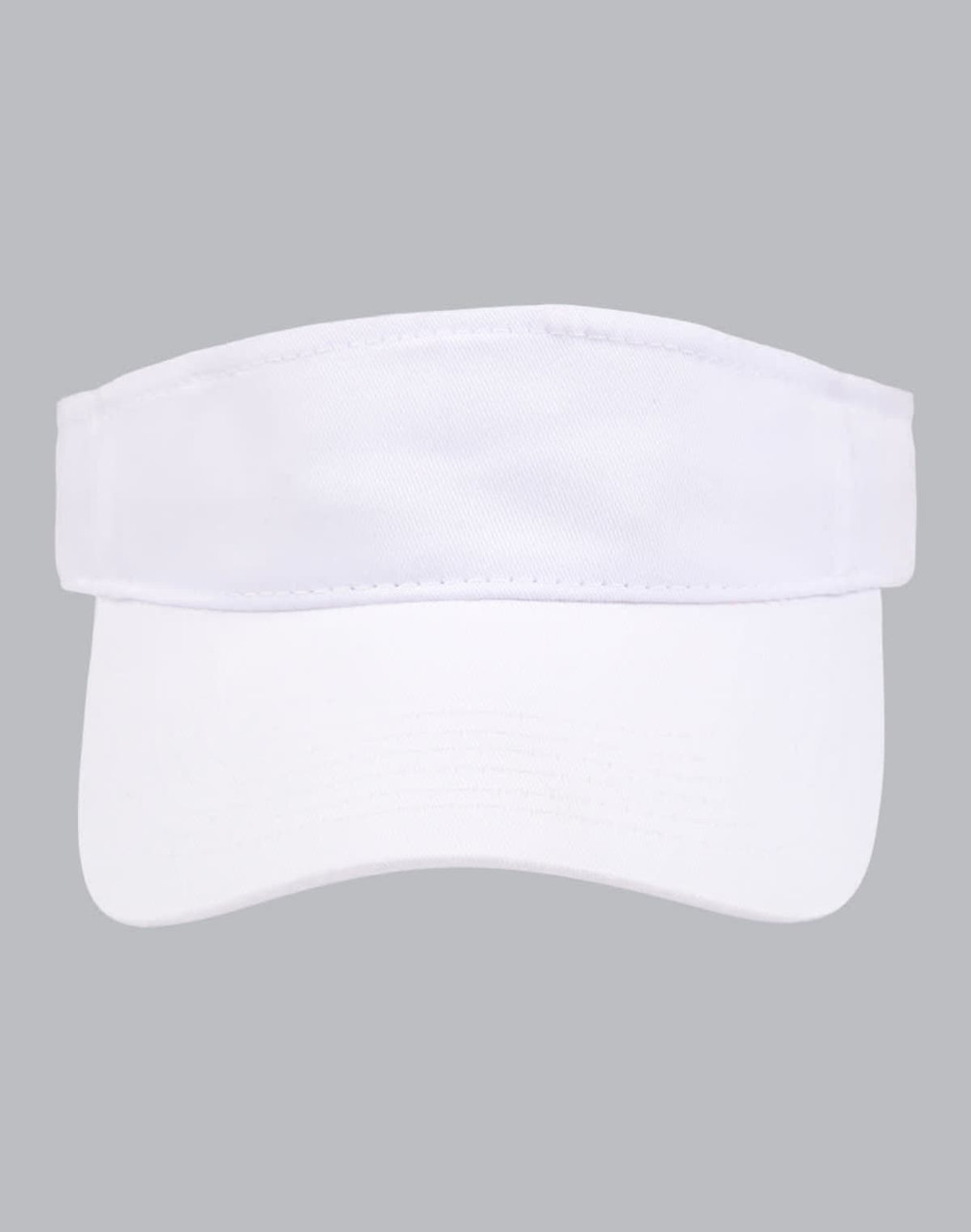 A white visor with a wide brim and adjustable strap, featuring a logo on the front.