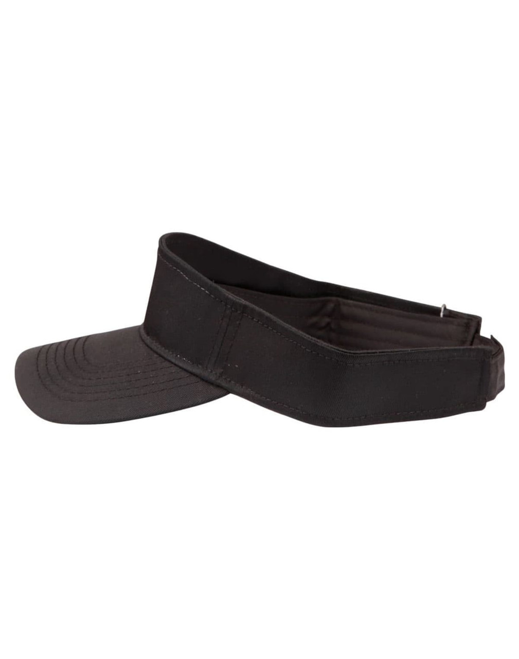 A black visor featuring a wide brim and adjustable strap, showcasing a simple design and a logo.