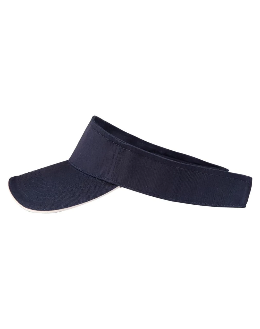 A navy blue twill visor with a wide brim and an adjustable band. It features a logo on the front.