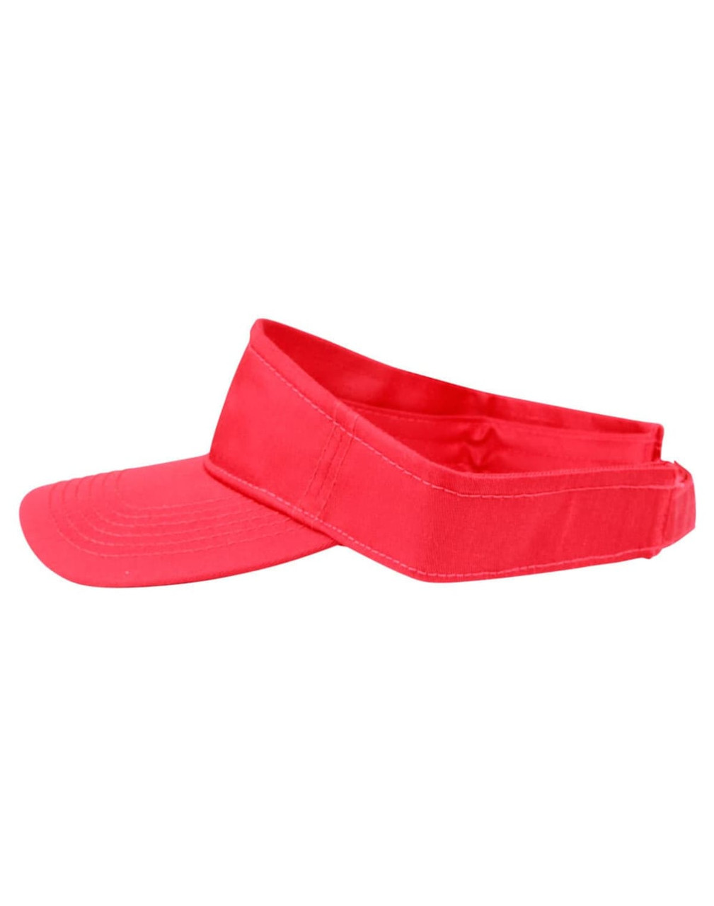 A red visor with a wide brim, featuring a curved peak and an open back. It has a logo on the band.