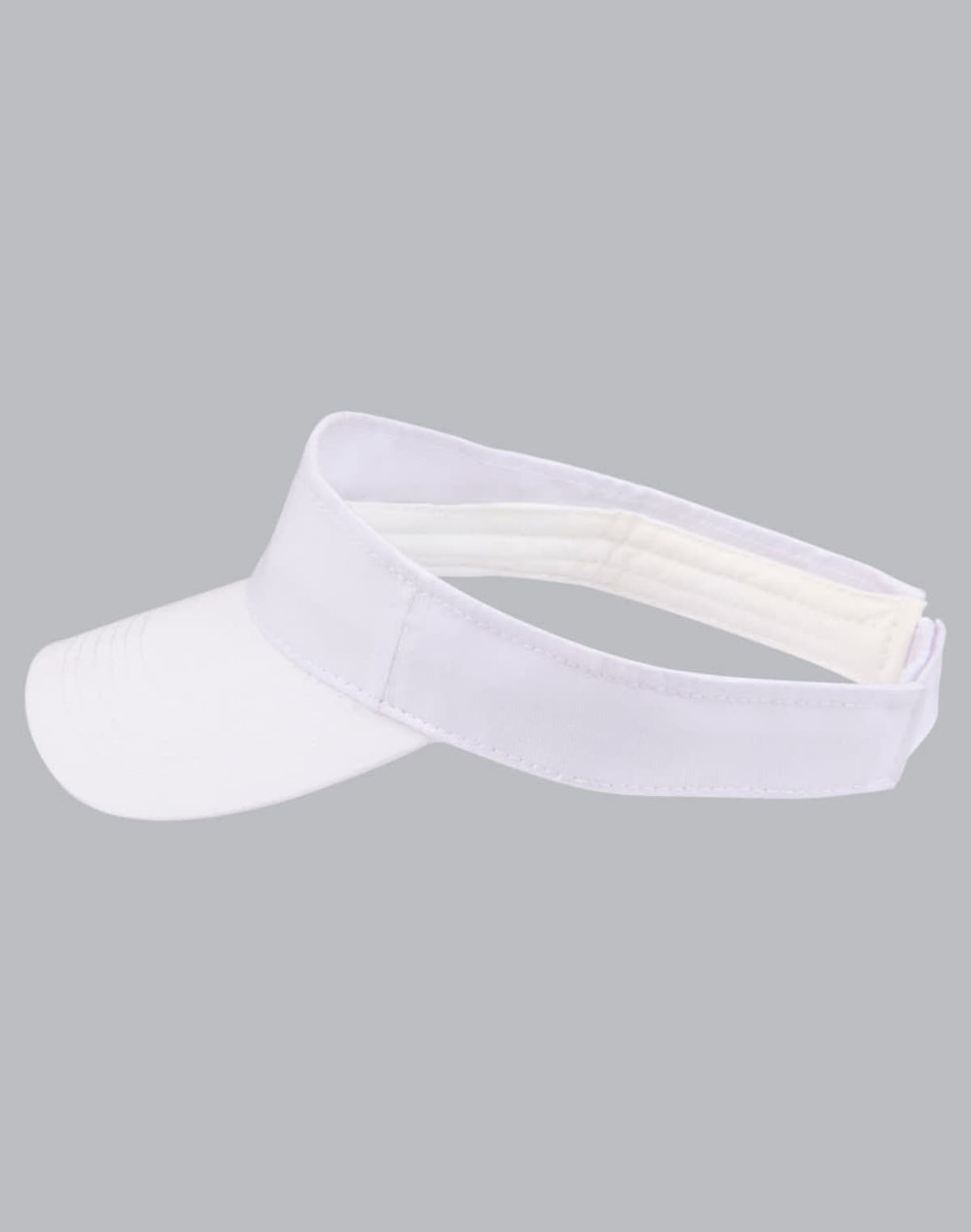 A white visor with a wide brim and a contrasting band. The design includes a logo.