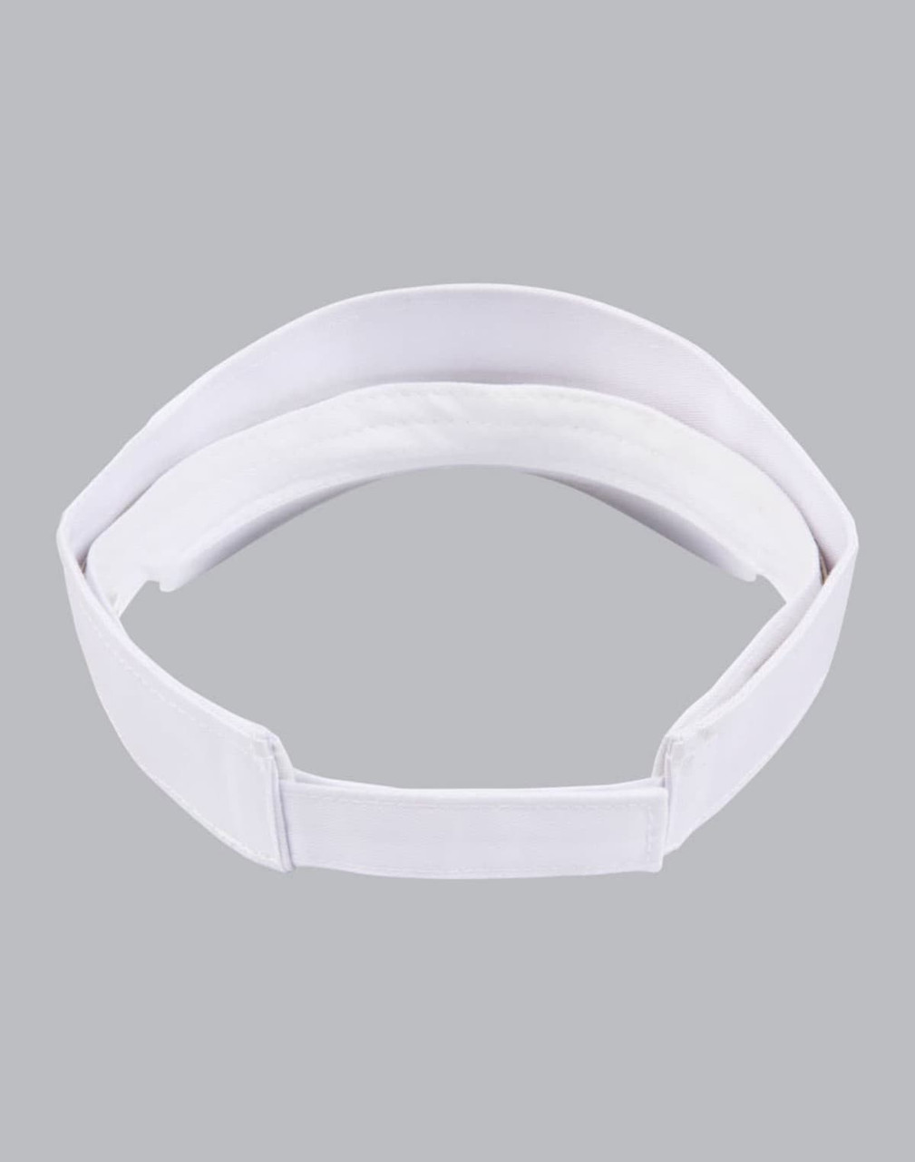 A white sandwich visor featuring a simple, sleek design. It has a logo on the band.