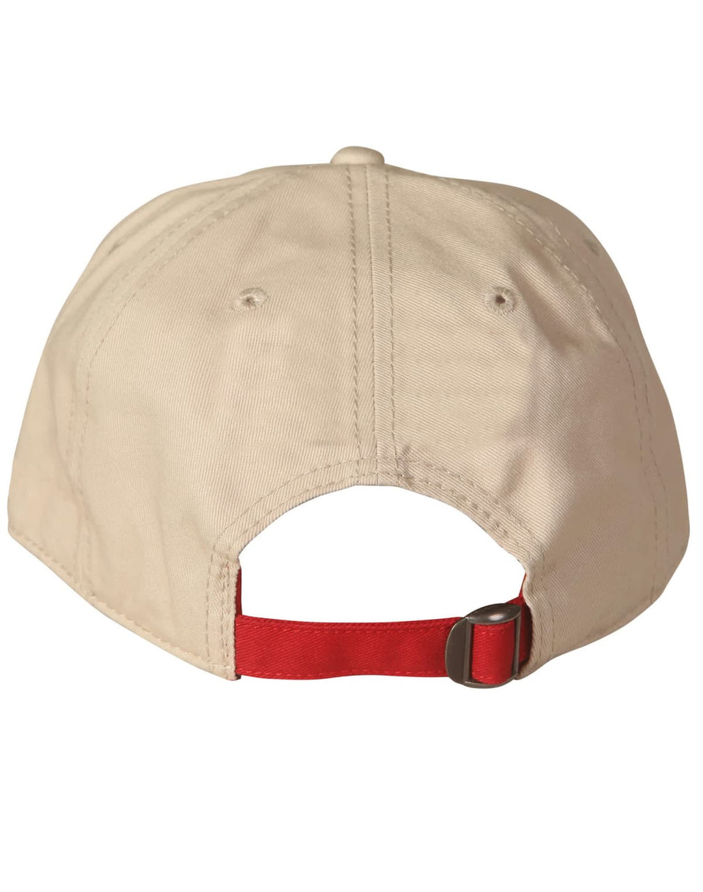 A beige cap with a red strap at the back and a logo.