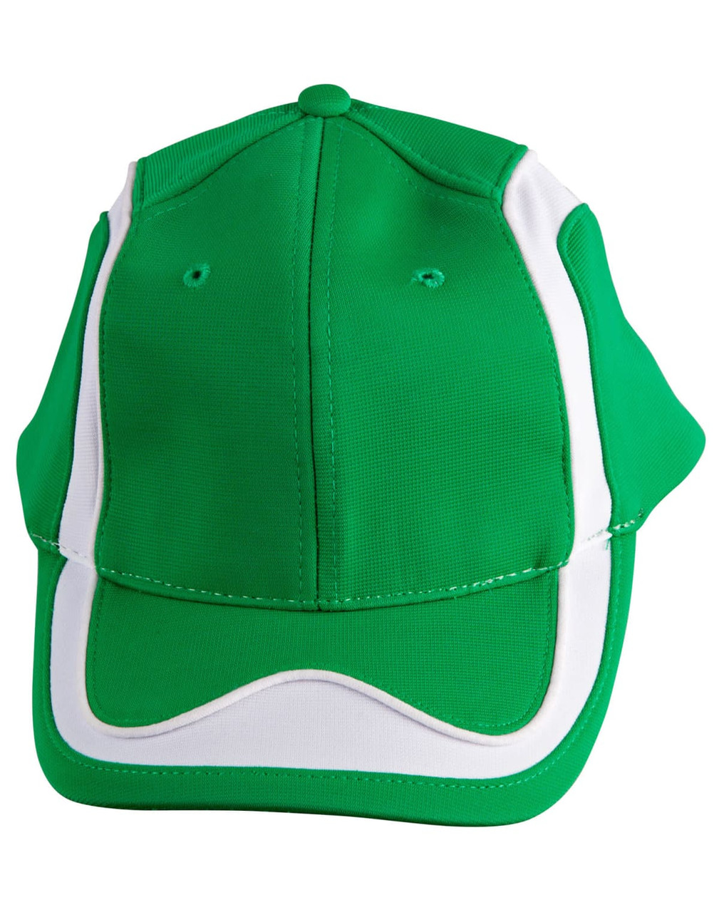 A green cap with white accents and a curved peak, featuring a logo on the front.