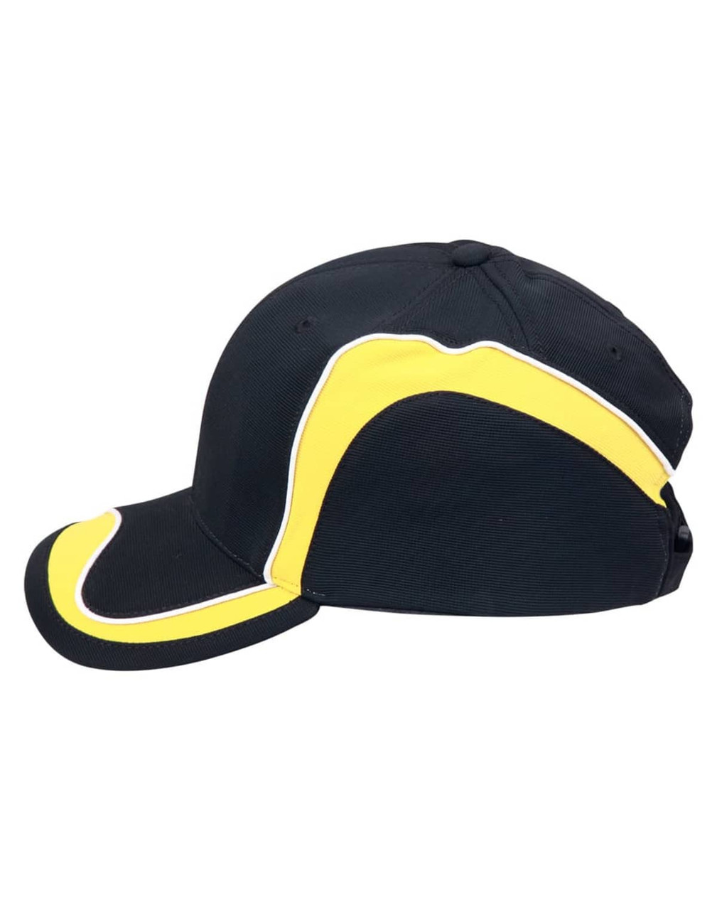 A black cap with yellow accents and a curved design, featuring a logo on the side.