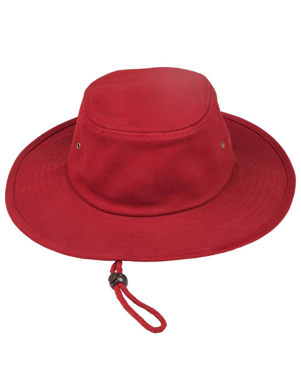 A red surf hat featuring a wide brim and a drawstring for a secure fit, with a small logo detail.