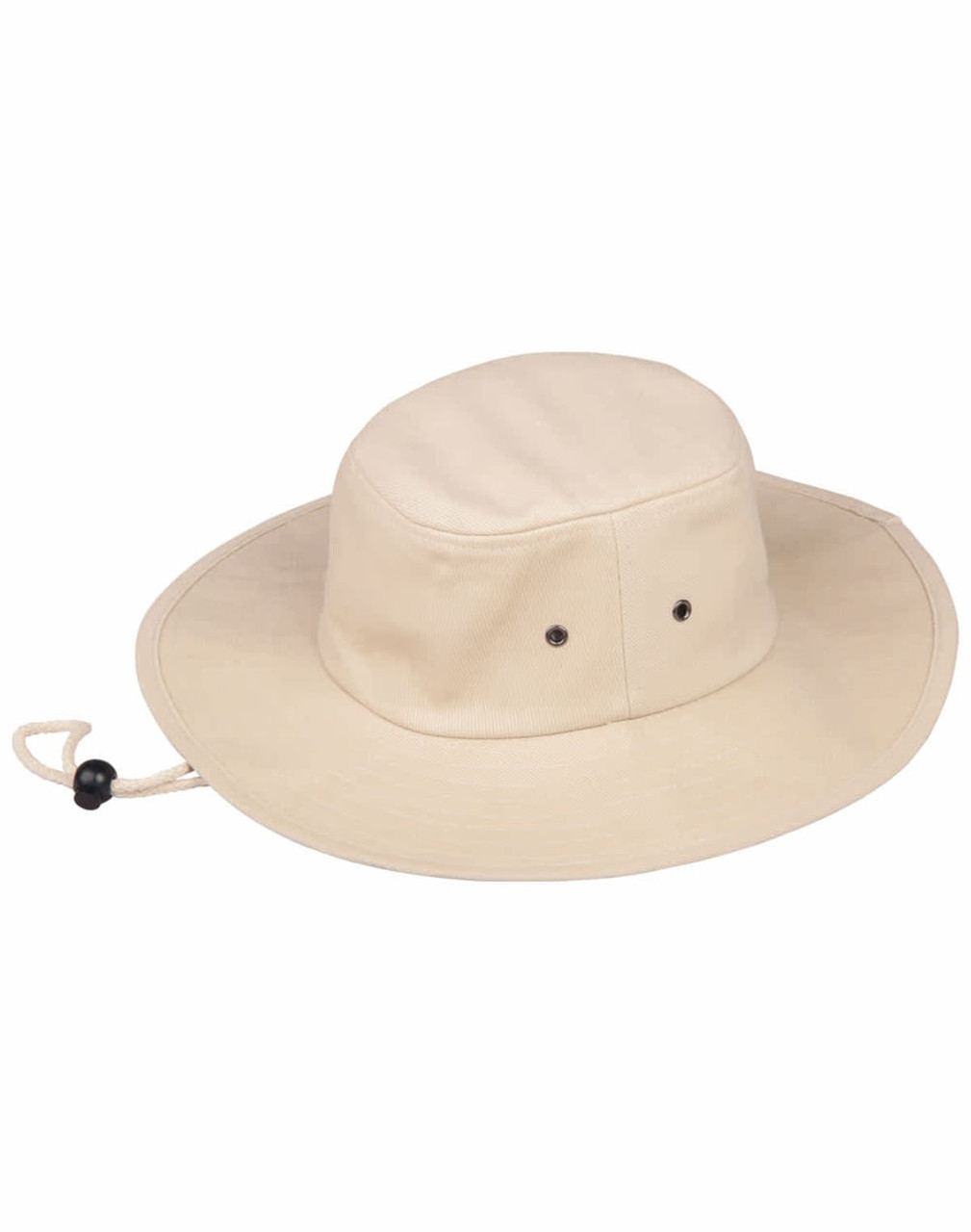 A beige bucket hat with eyelet vents and a pull cord for an adjustable fit. It features a logo on the side.