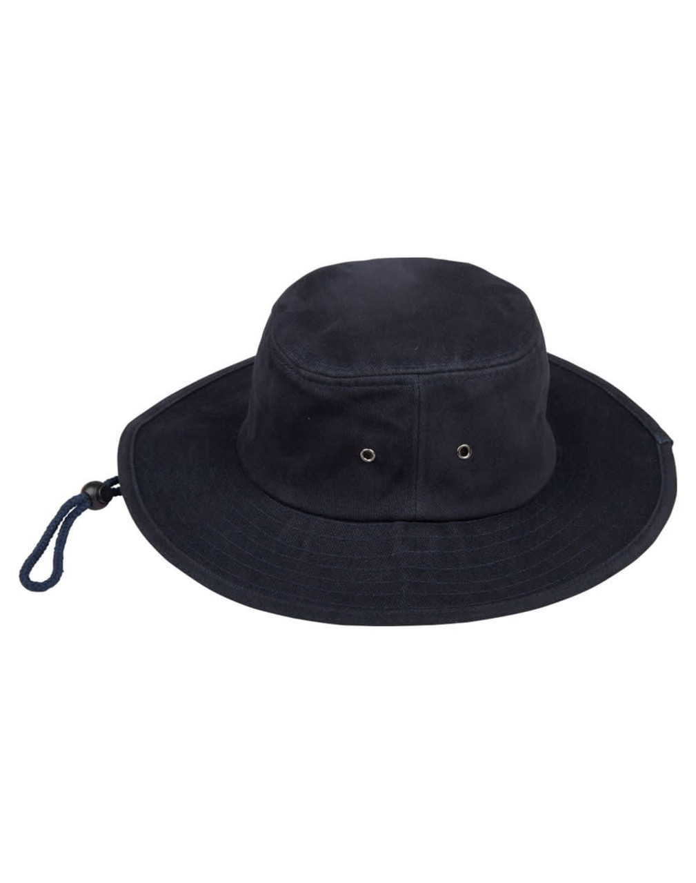 A navy blue bucket hat featuring ventilation eyelets and a drawstring. It has a logo on the side.