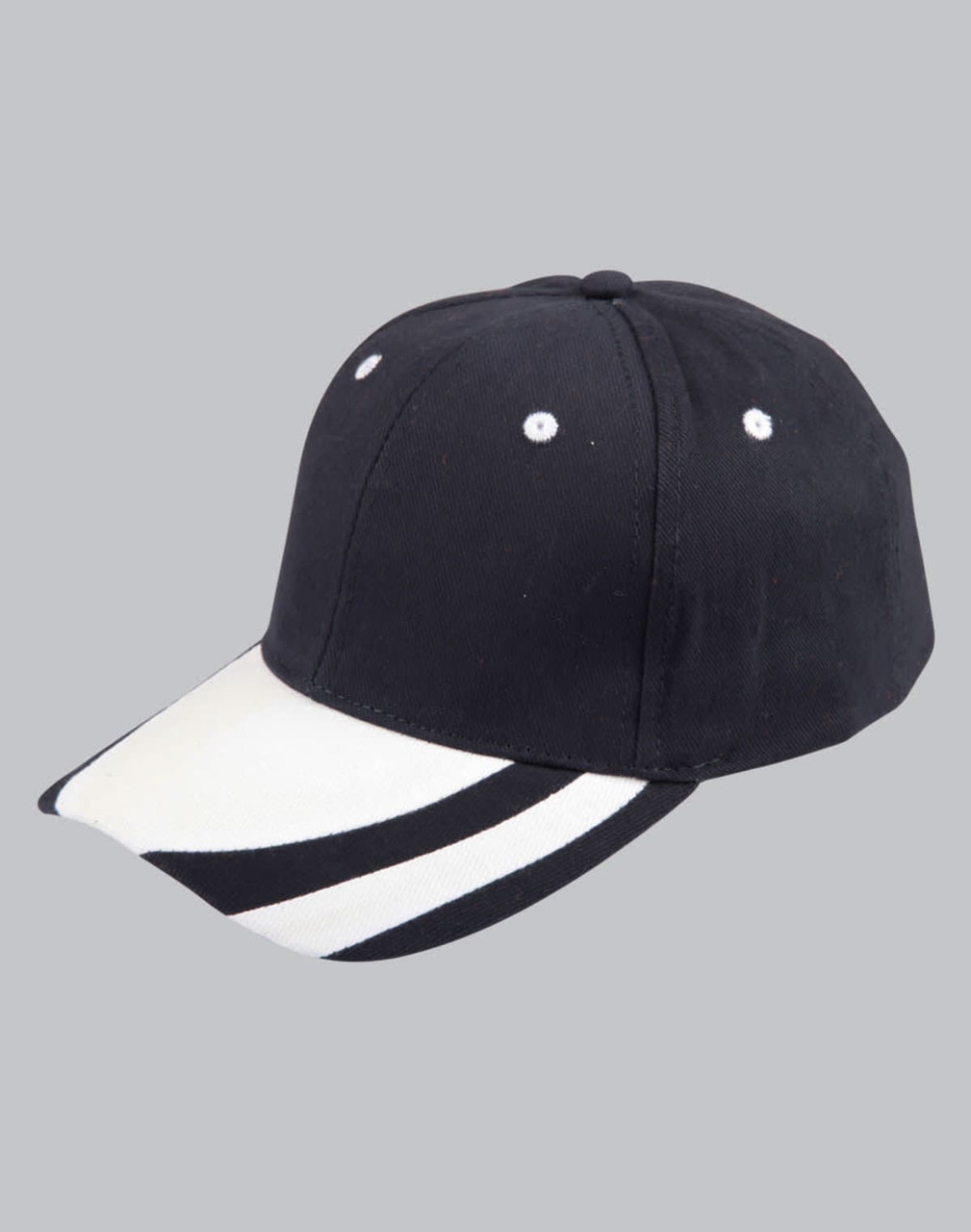 A black structured cap with a white and black striped peak and a logo.