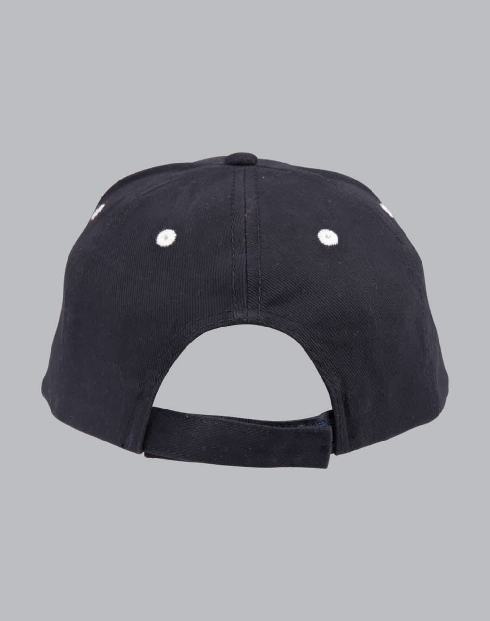 A black structured cap featuring a curved brim and an adjustable back strap. It includes ventilation eyelets.