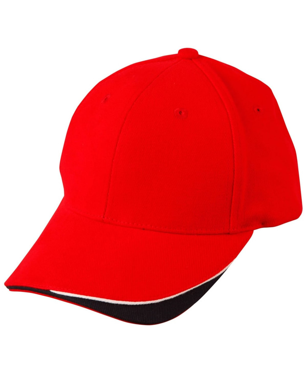 A red cap with a peak and contrasting black and white accents, featuring a logo.