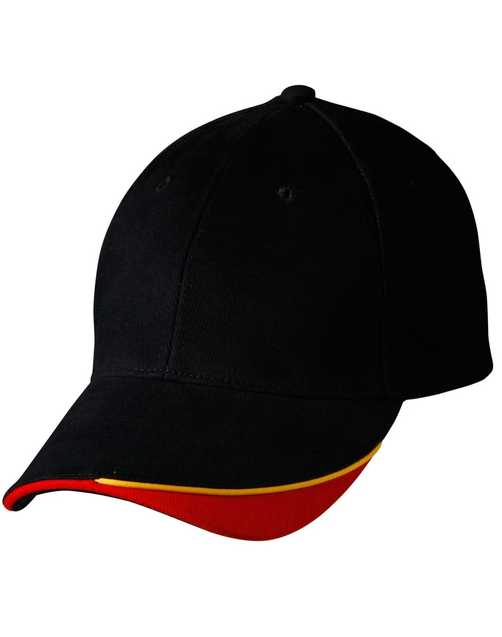 A black cap with a red and yellow accent along the brim and a logo on the front.