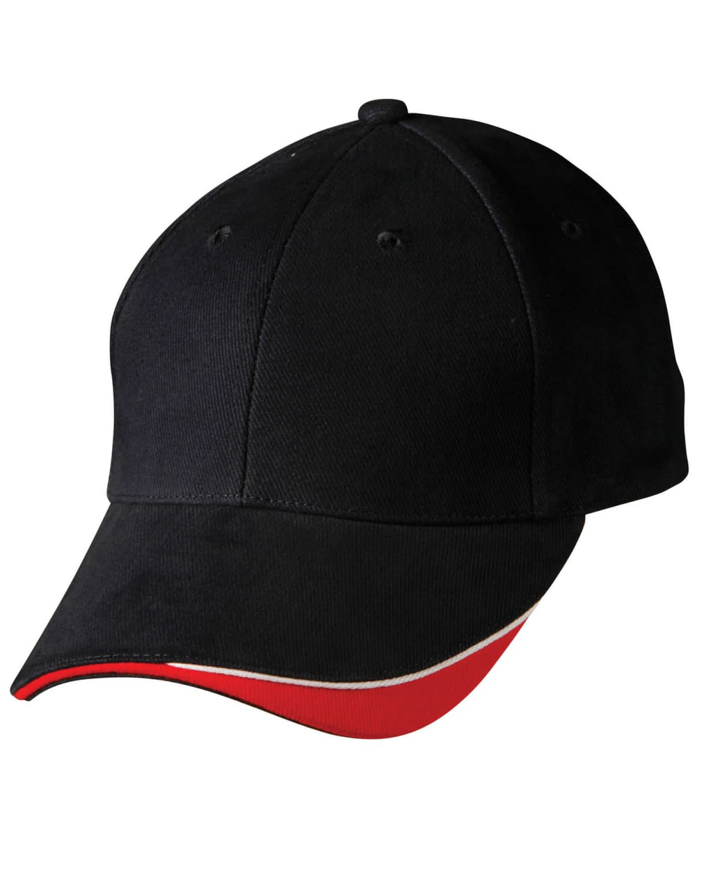 A black cap with a red underbrim and a logo on the front. Features a classic baseball-style design.