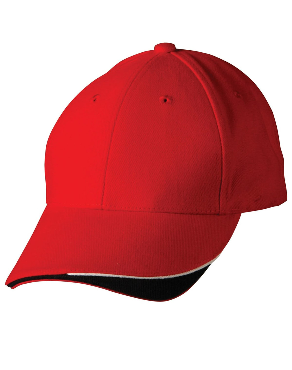 A red cap with a black and white accent on the peak, featuring a logo.