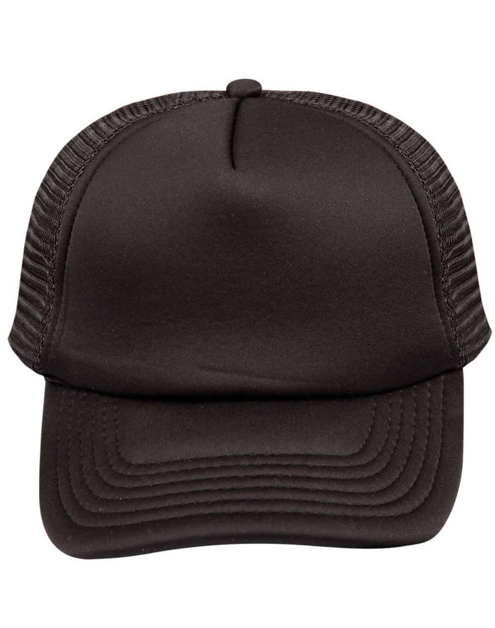 A black trucker cap with a structured front and mesh sides, featuring a logo on the front.