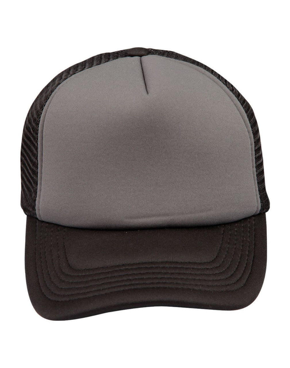 A grey and black trucker cap featuring a curved peak and mesh sides, with a logo on the front.