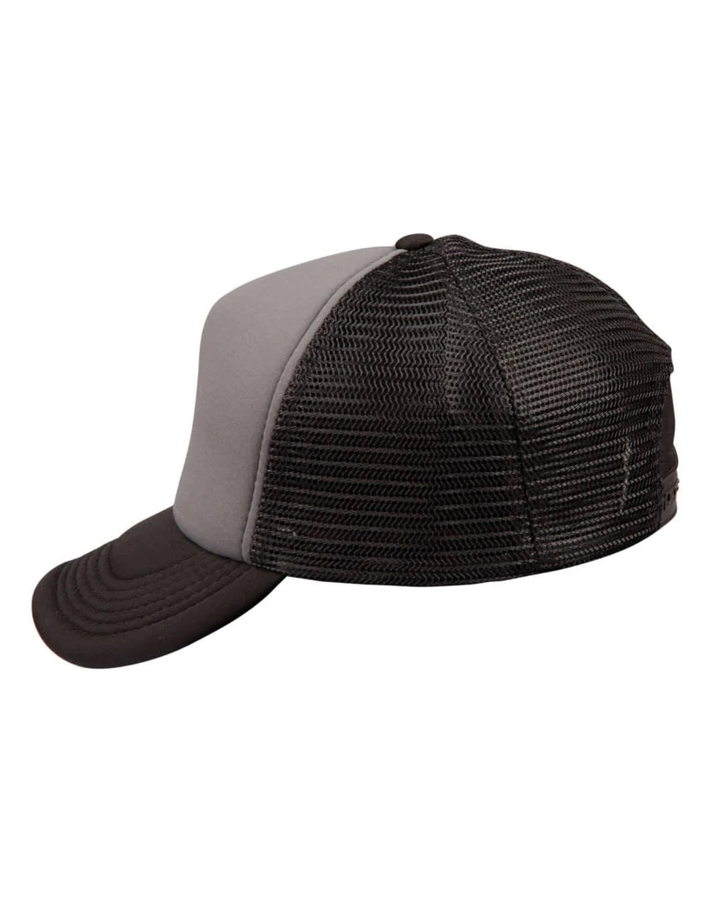 A black and grey trucker cap with a mesh back and a curved brim. Features a logo on the side.
