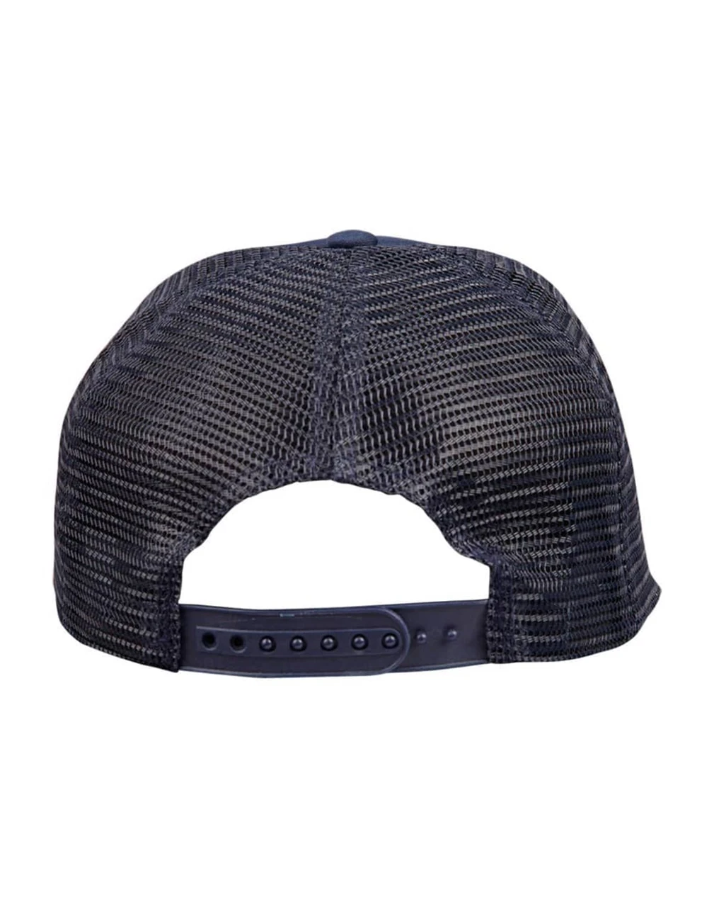 A navy blue trucker cap featuring a mesh back and an adjustable strap. The cap has a logo.
