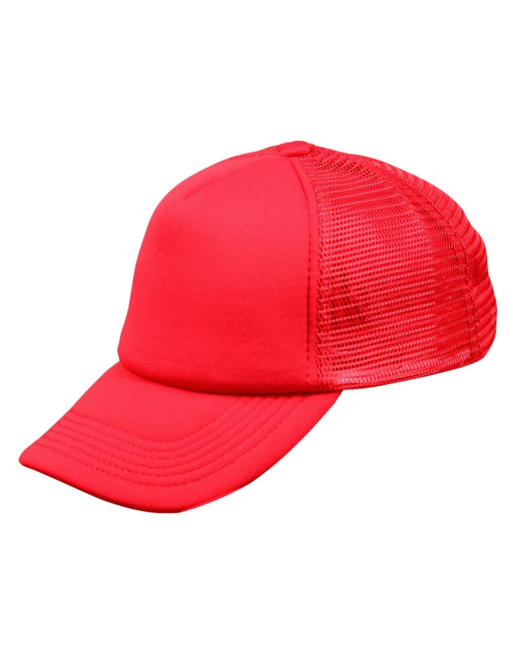 A red trucker cap featuring a solid front and mesh back, designed for headwear.
