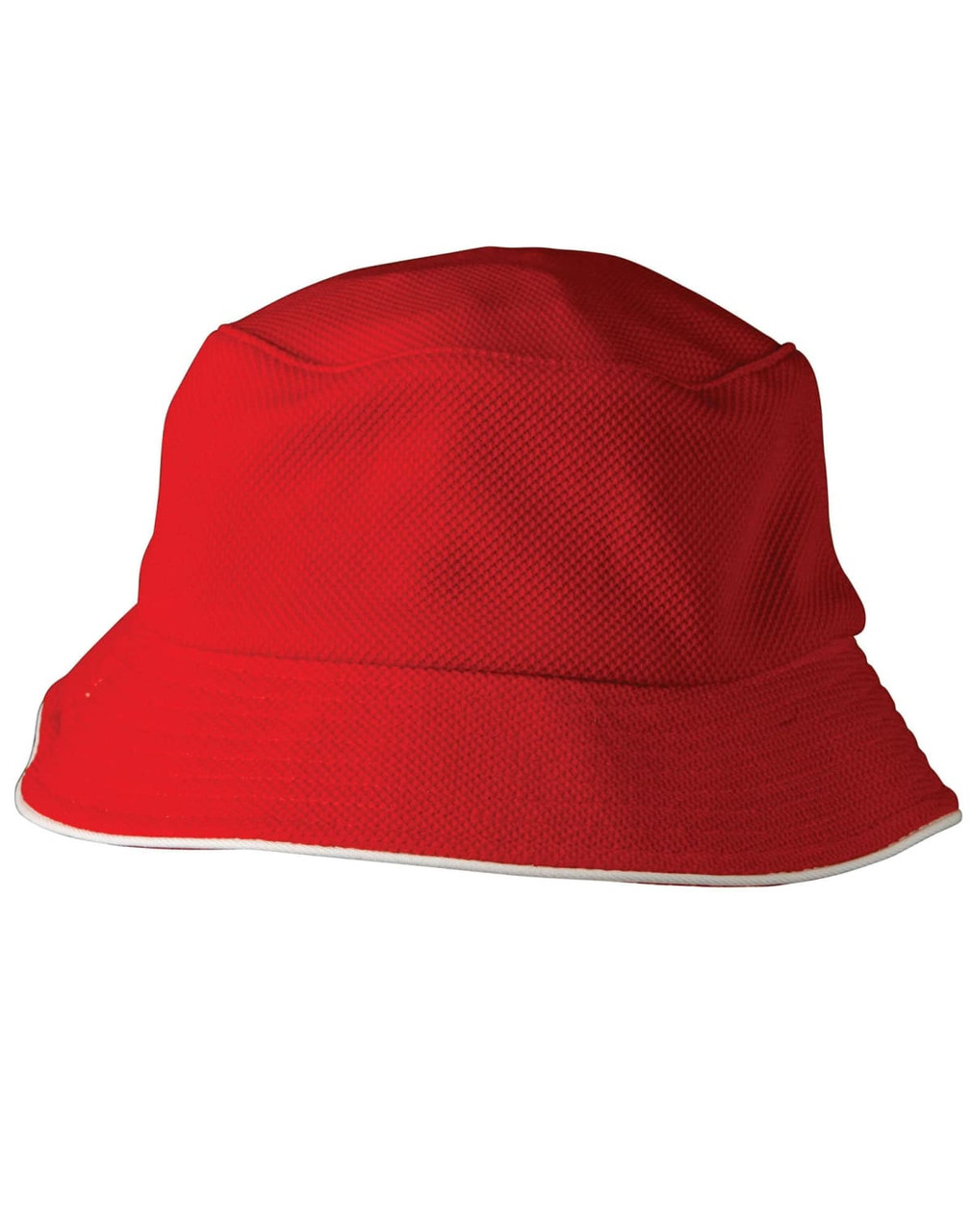 A red bucket hat with a mesh design and white sandwich trim, featuring a logo.