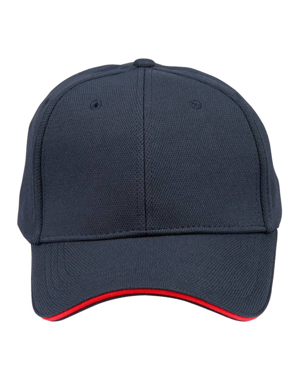 A navy cap featuring a red contrast trim, with a structured design and ventilation mesh. It includes a logo.