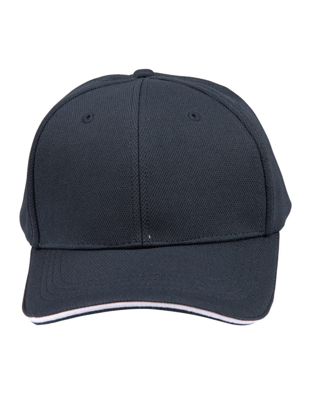 A dark navy cap with a textured mesh design and a contrasting sandwich peak. Features a logo on the front.