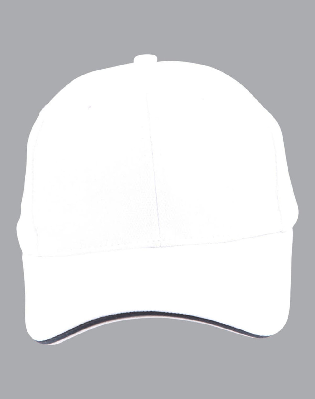 A white cap with a contrast sandwich brim and a logo. Features a mesh texture for breathability.
