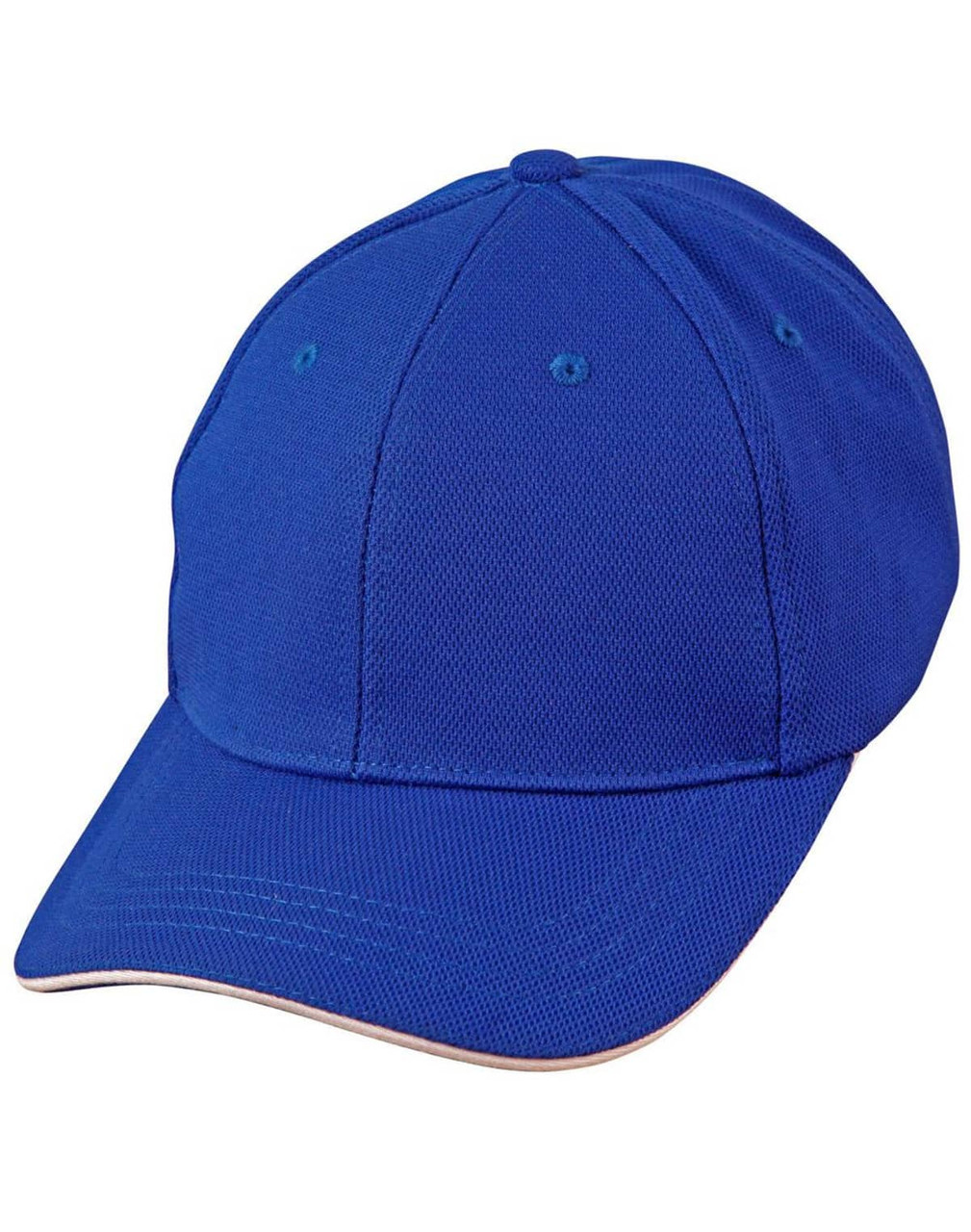 A blue Pique Mesh with Contrast Sandwich Cap featuring a structured design and a logo.