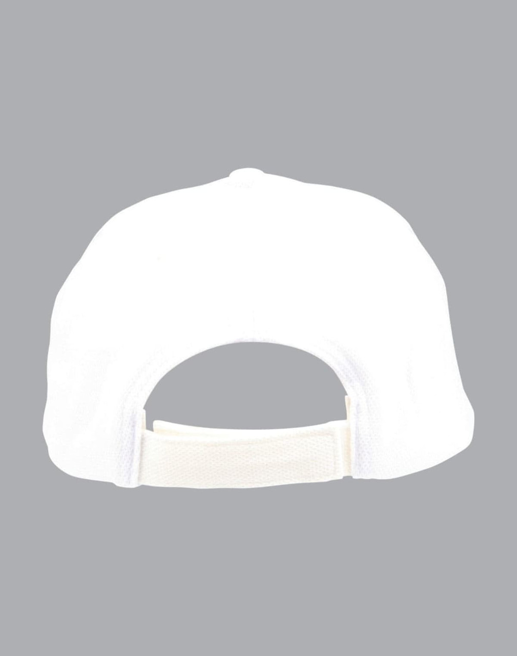 A white cap with a contrasting back adjuster and a logo on the side.
