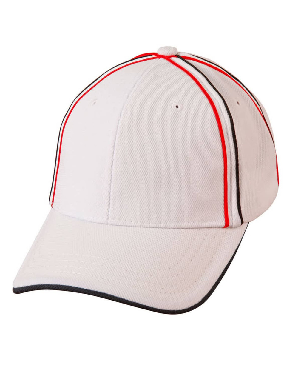A tri-colour pique mesh structured cap featuring white, red, and black accents, with a logo present.