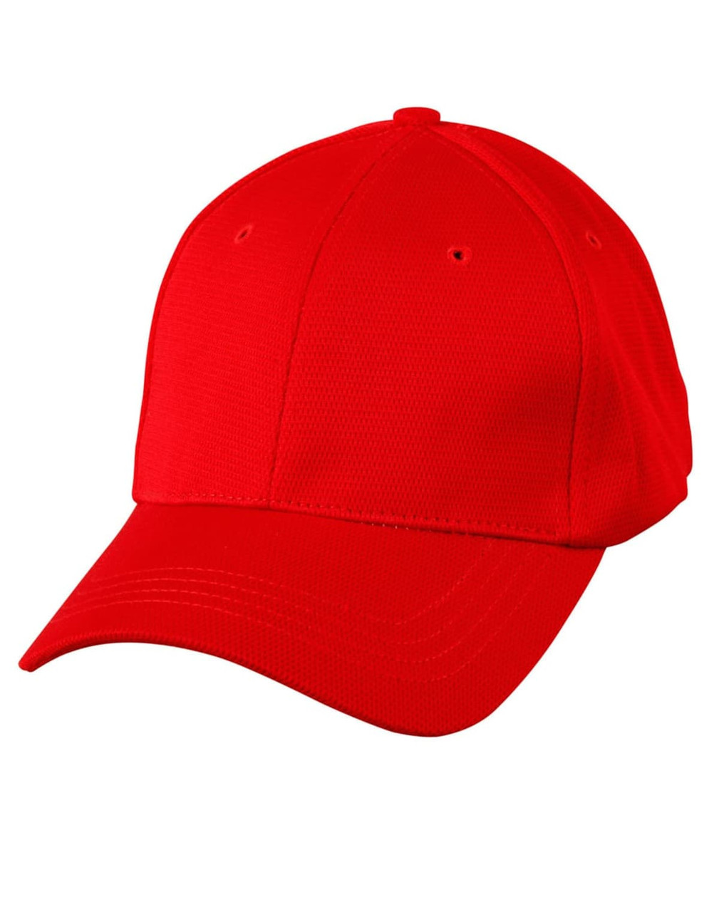 A red pique mesh structured cap featuring a curved brim and an adjustable strap at the back. It includes a logo.