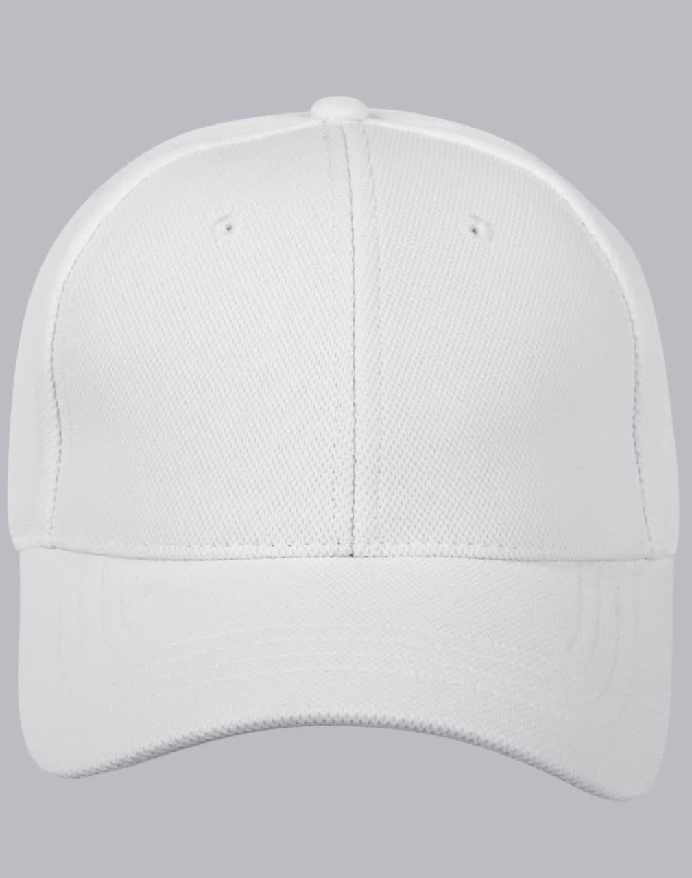 A white structured cap with a mesh design and a logo on the front.