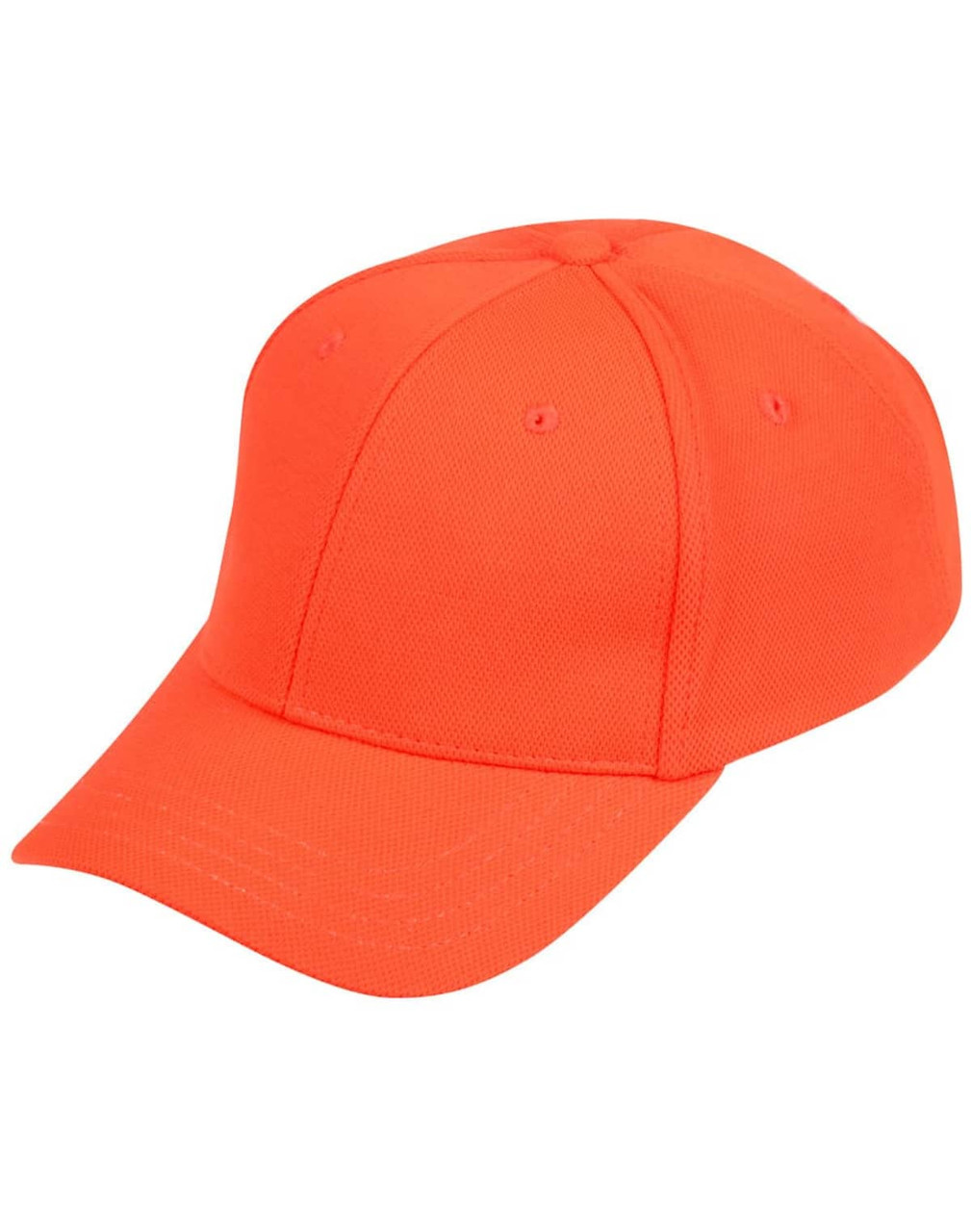 An orange pique mesh structured cap with a rounded visor and ventilation holes. Features a logo on the side.