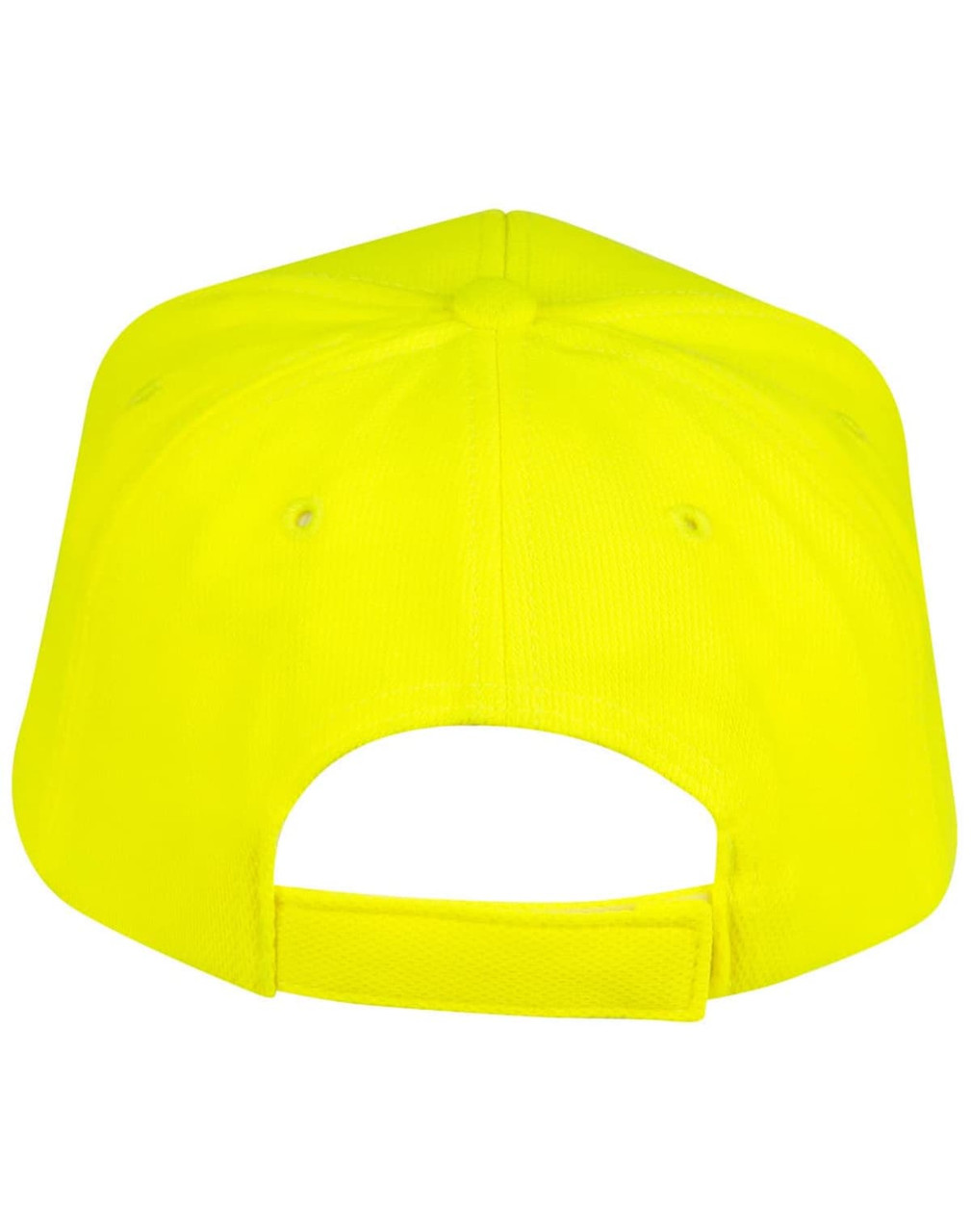 A bright yellow structured cap featuring a back adjustment strap and ventilated panels.