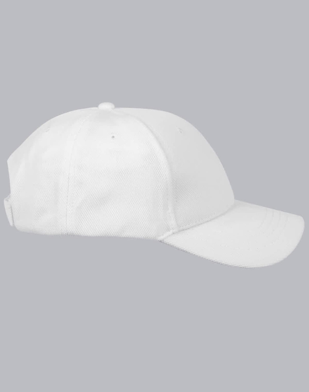 A white Pique mesh structured cap with a curved brim and an adjustable strap at the back.